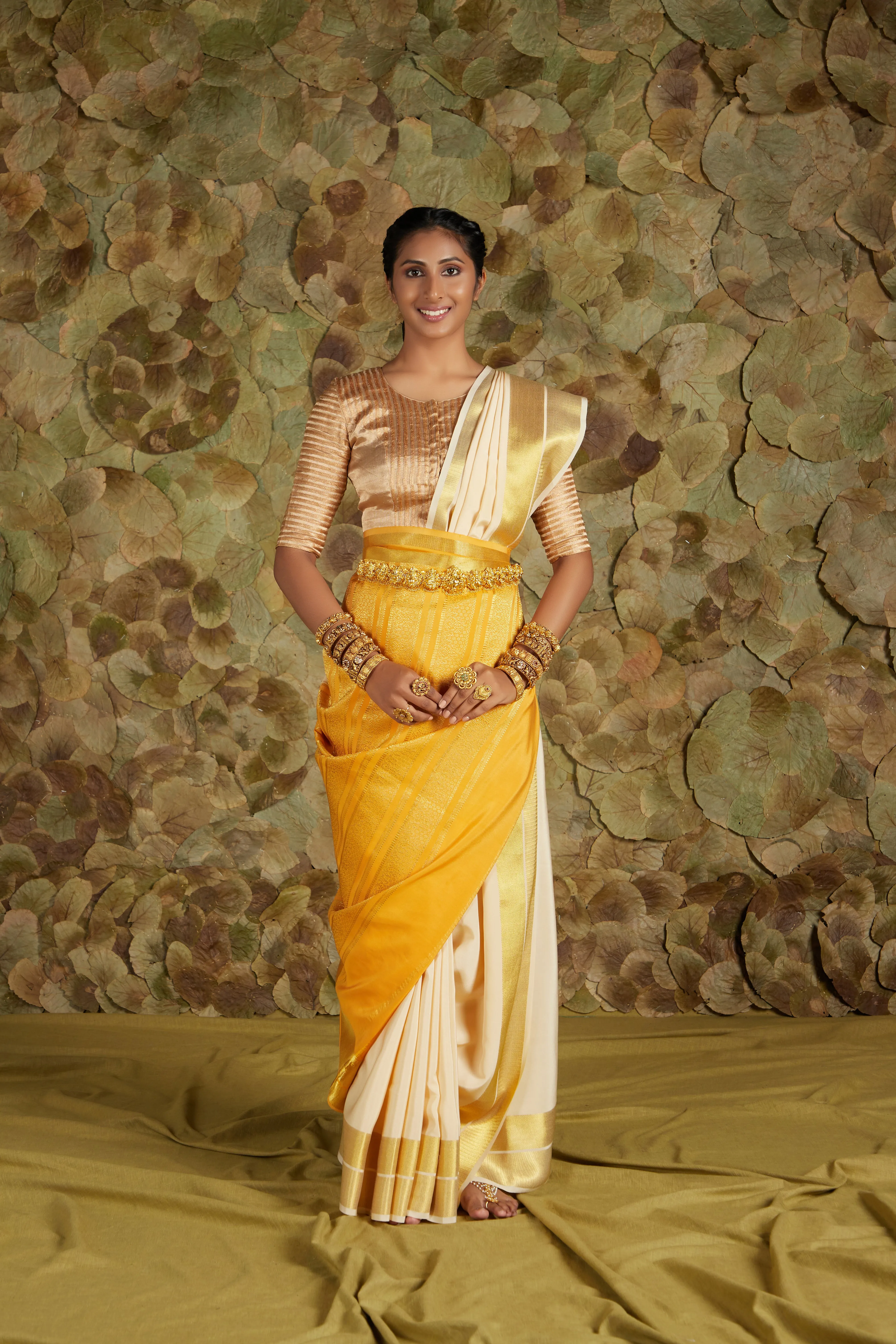 Aarthi in Mustard Yellow x Shell / ಪಾನಕ x ಶಂಕು Aarthi Saree