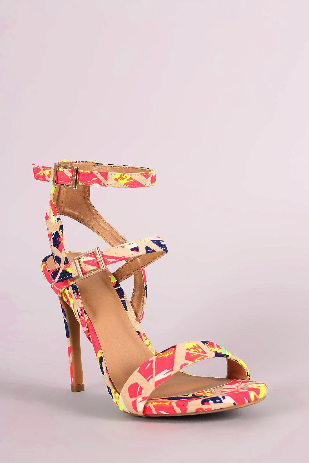 Anne Michelle Neon Watercolor Triple Straps Single Sole Heel