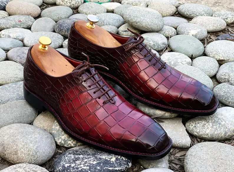 Awesome Handmade Men's Burgundy Alligator Textured Leather Lace Up Shoes, Men Dress Formal Shoes