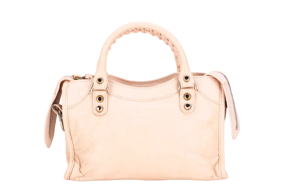 BALENCIAGA SMALL BEIGE LEATHER CITY HANDBAG (300295.5969.U.568024) SILVER HARDWARE WITH STRAP, MIRROR & DUST COVER