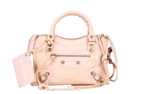 BALENCIAGA SMALL BEIGE LEATHER CITY HANDBAG (300295.5969.U.568024) SILVER HARDWARE WITH STRAP, MIRROR & DUST COVER