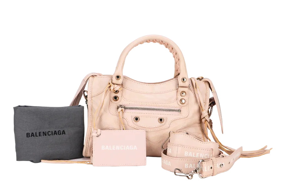 BALENCIAGA SMALL BEIGE LEATHER CITY HANDBAG (300295.5969.U.568024) SILVER HARDWARE WITH STRAP, MIRROR & DUST COVER