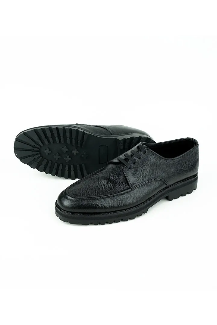 BLACK BURNISHED LEATHER LACE UP OXFORD SHOES