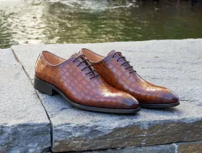 Crocodile Embossed Calfskin Lace-Up Oxford Cognac