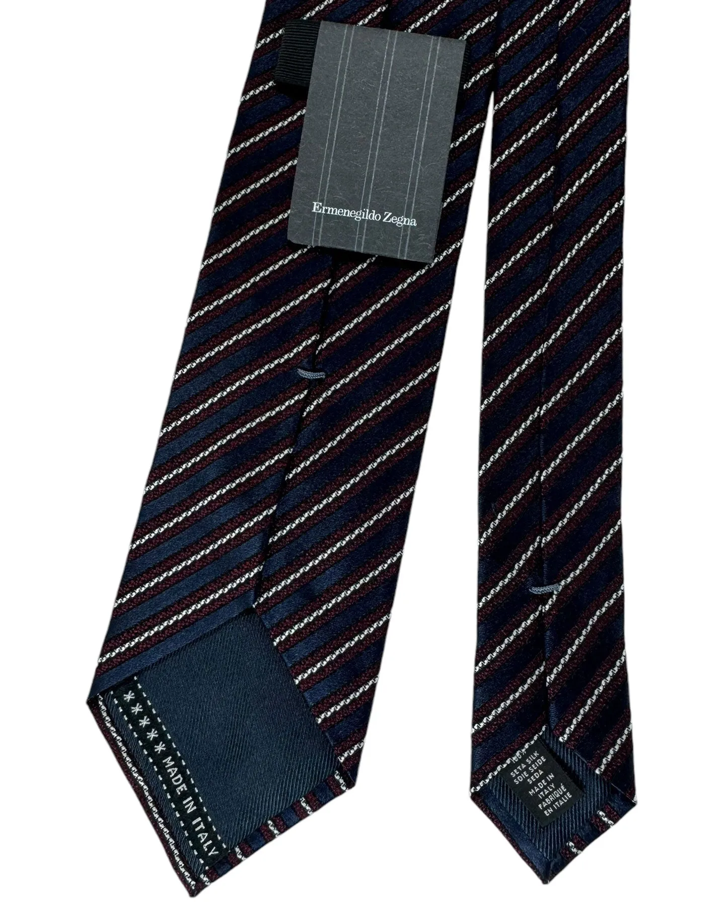 Ermenegildo Zegna Silk Tie Midnight Blue Maroon Silver Stripes