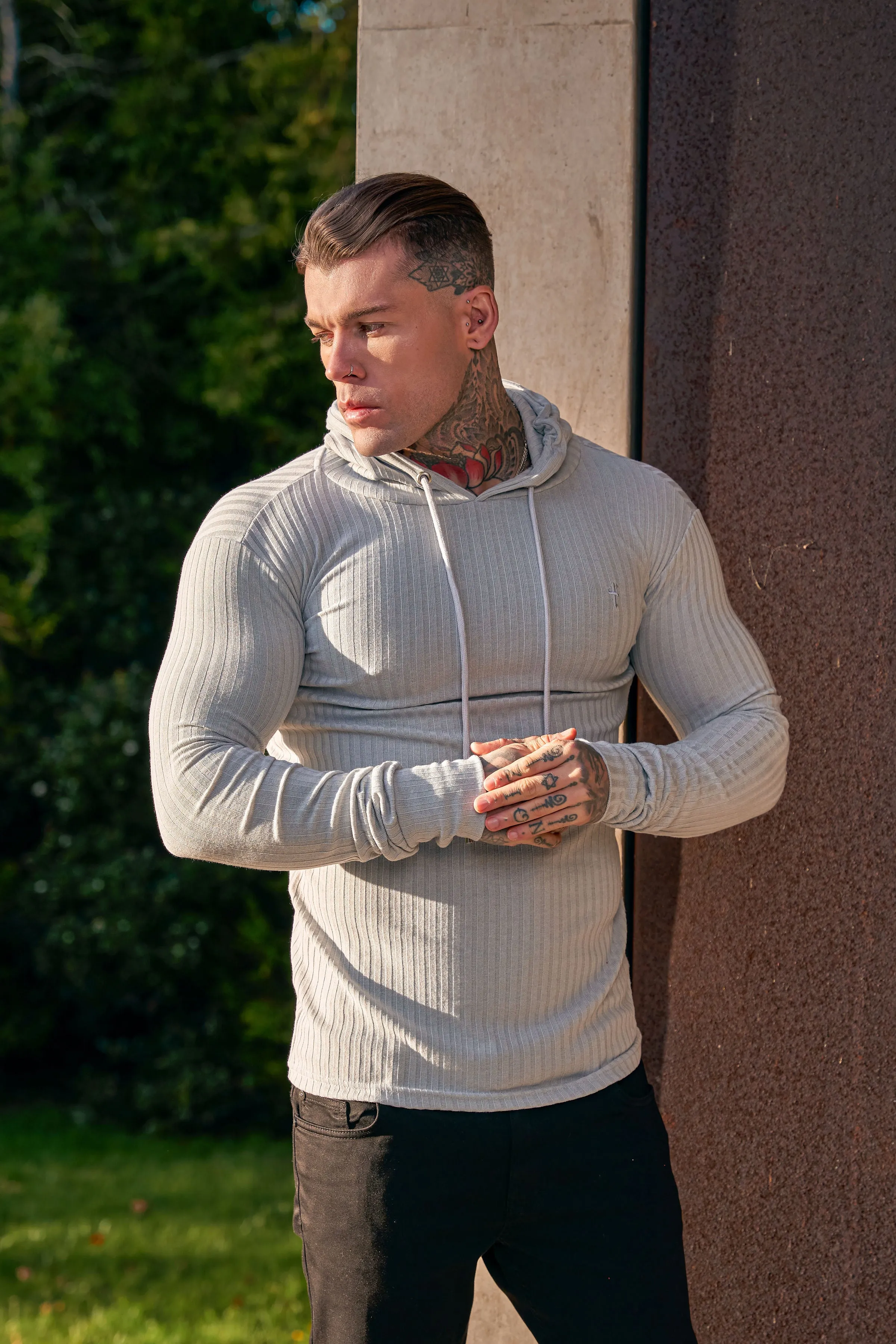 Father Sons Classic Light Grey Ribbed Knit Hoodie Jumper - FSH905