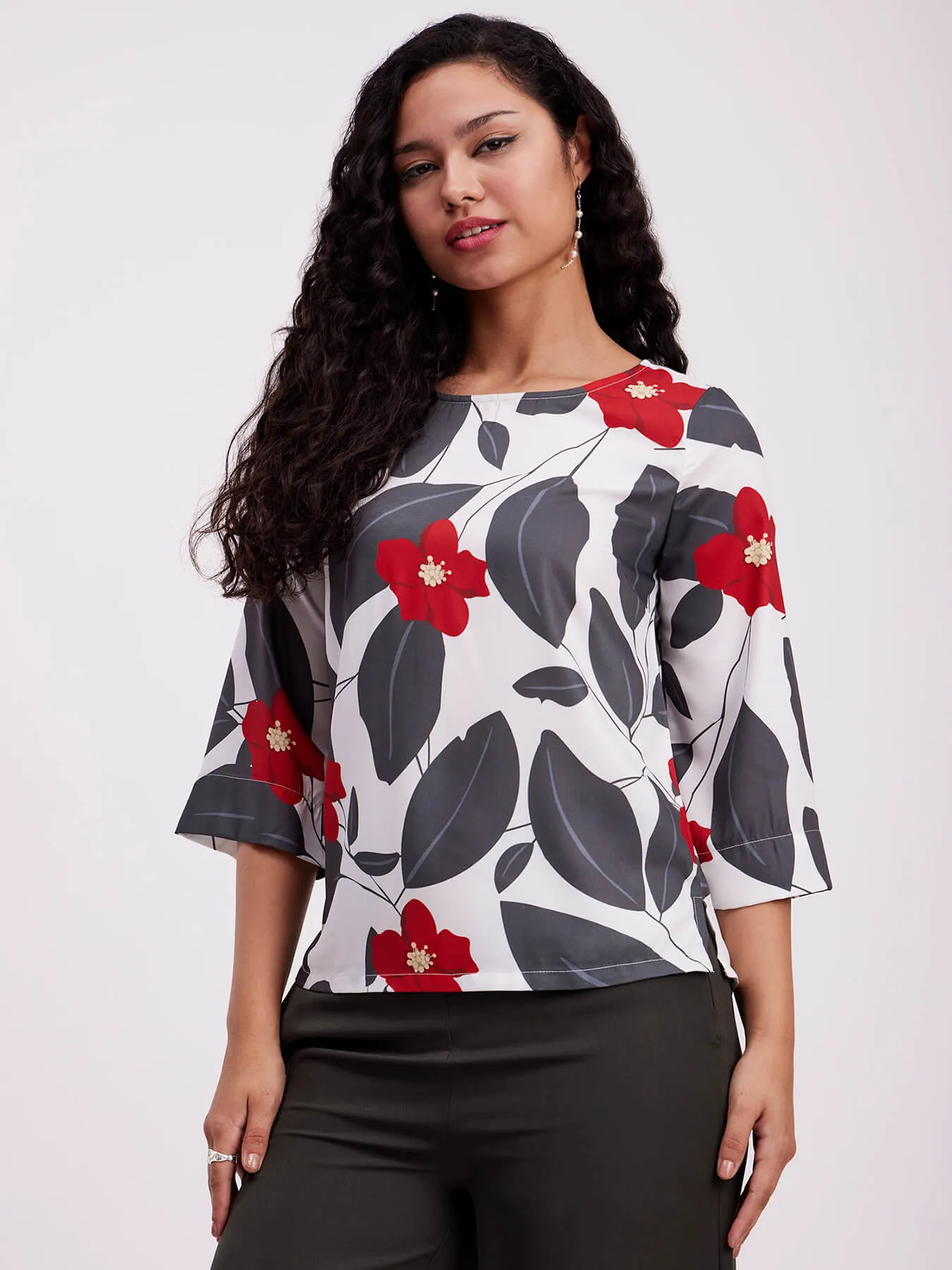 Floral Print Round Neck Top - White And Grey