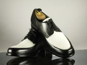 Handmade Men's Black White Leather Round Toe Lace Up Shoes, Men Designer Dress Formal Luxury Shoes