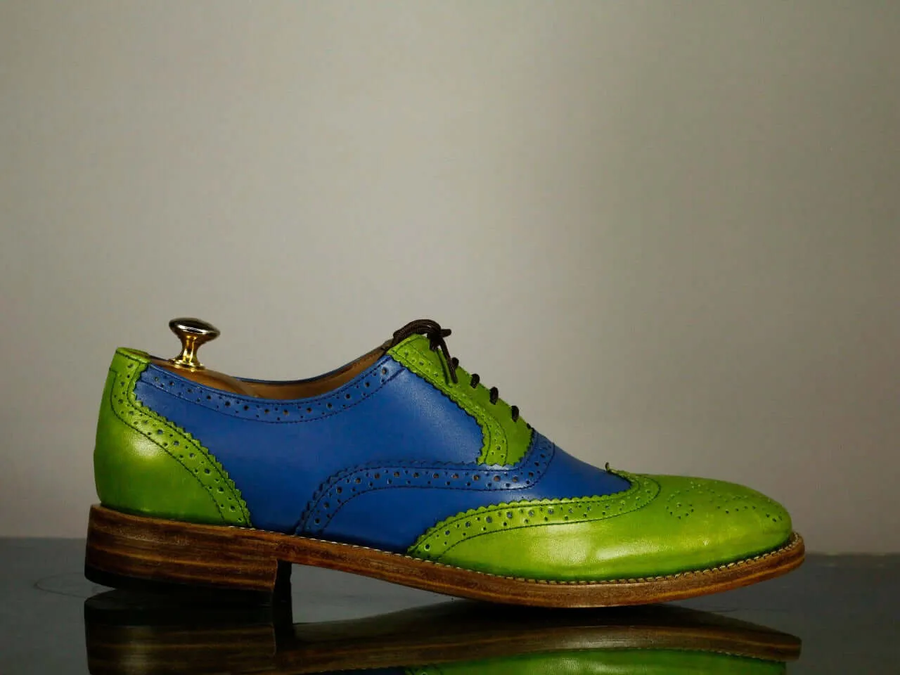 Handmade Men's Blue Green Wing Tip Brogue Leather Lace Up Shoes, Men Designer Dress Formal Shoes