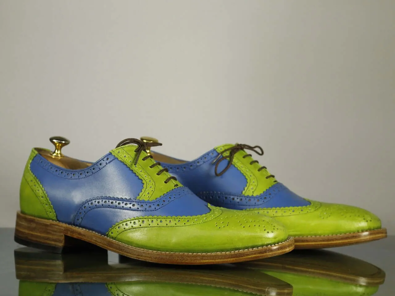 Handmade Men's Blue Green Wing Tip Brogue Leather Lace Up Shoes, Men Designer Dress Formal Shoes