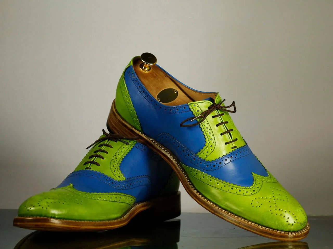 Handmade Men's Blue Green Wing Tip Brogue Leather Lace Up Shoes, Men Designer Dress Formal Shoes