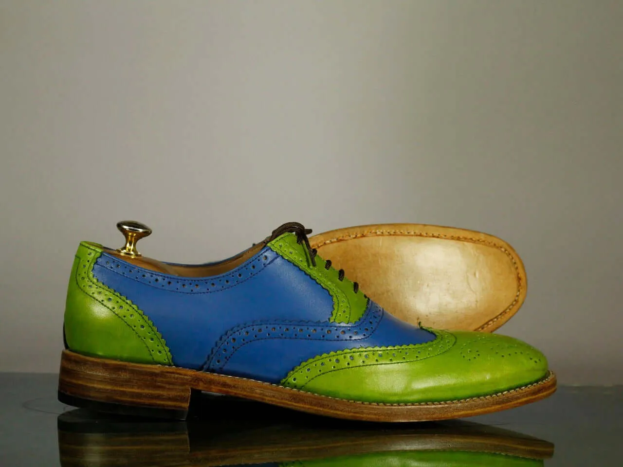 Handmade Men's Blue Green Wing Tip Brogue Leather Lace Up Shoes, Men Designer Dress Formal Shoes