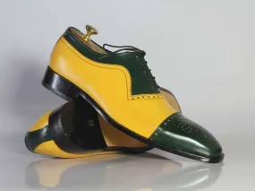 Handmade Men's Leather Lace Up Shoes, Men Yellow Green Cap Toe Dress Formal Shoes