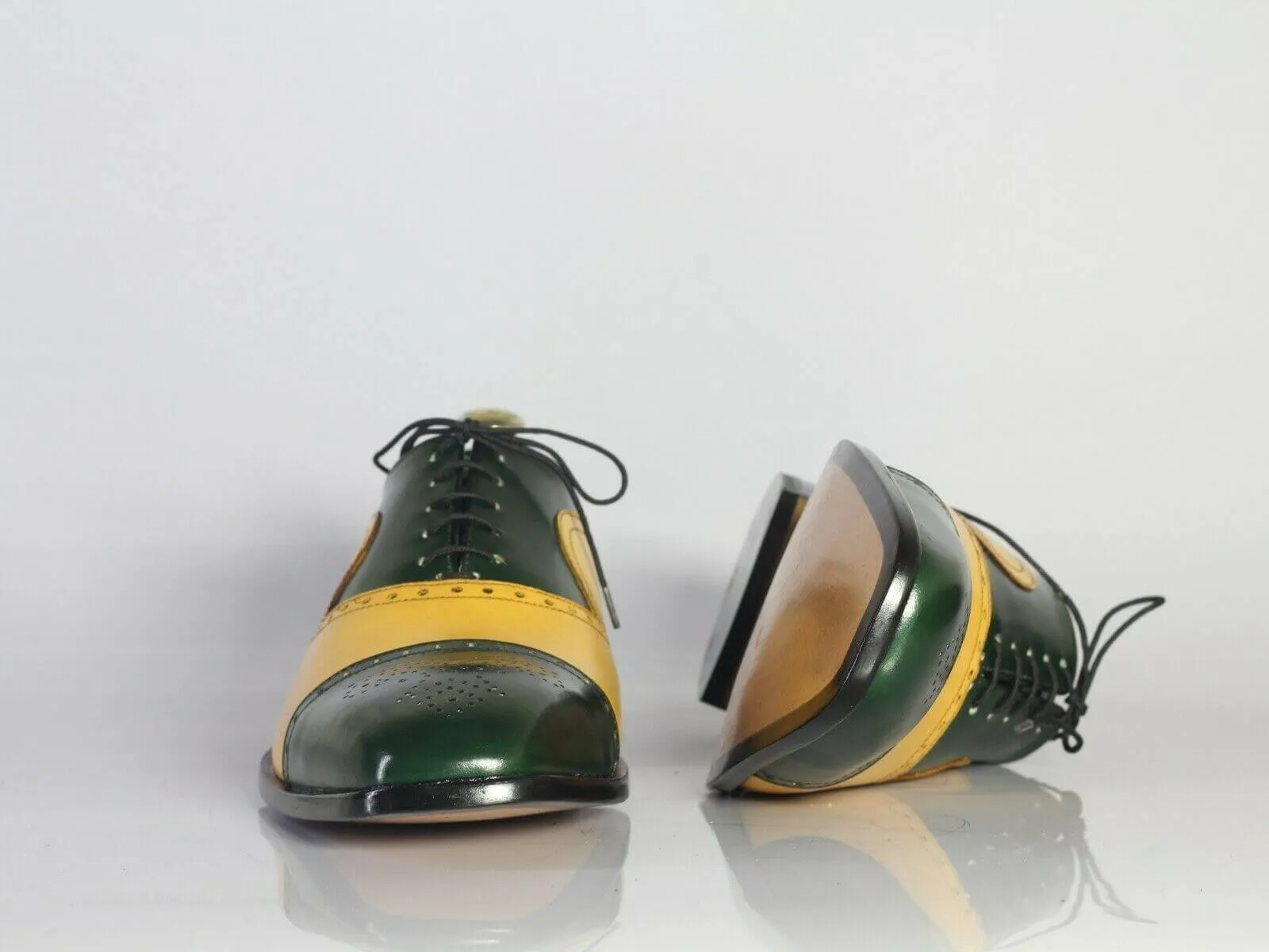 Handmade Men's Leather Lace Up Shoes, Men Yellow Green Cap Toe Dress Formal Shoes