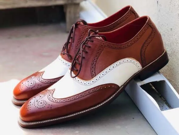 Handmade Men’s Leather Lace Up Shoes, Men’s Brown & White Brogue Stylish Shoes