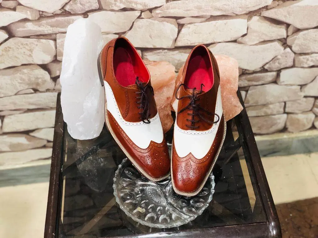 Handmade Men’s Leather Lace Up Shoes, Men’s Brown & White Brogue Stylish Shoes