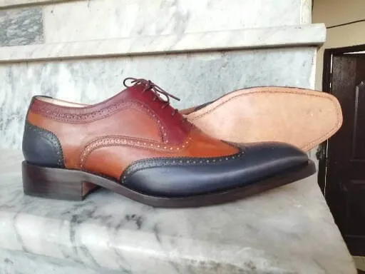 Handmade Men’s Navy & Tan Brown Leather Shoes, Men Wing Tip Brogue Dress Shoes