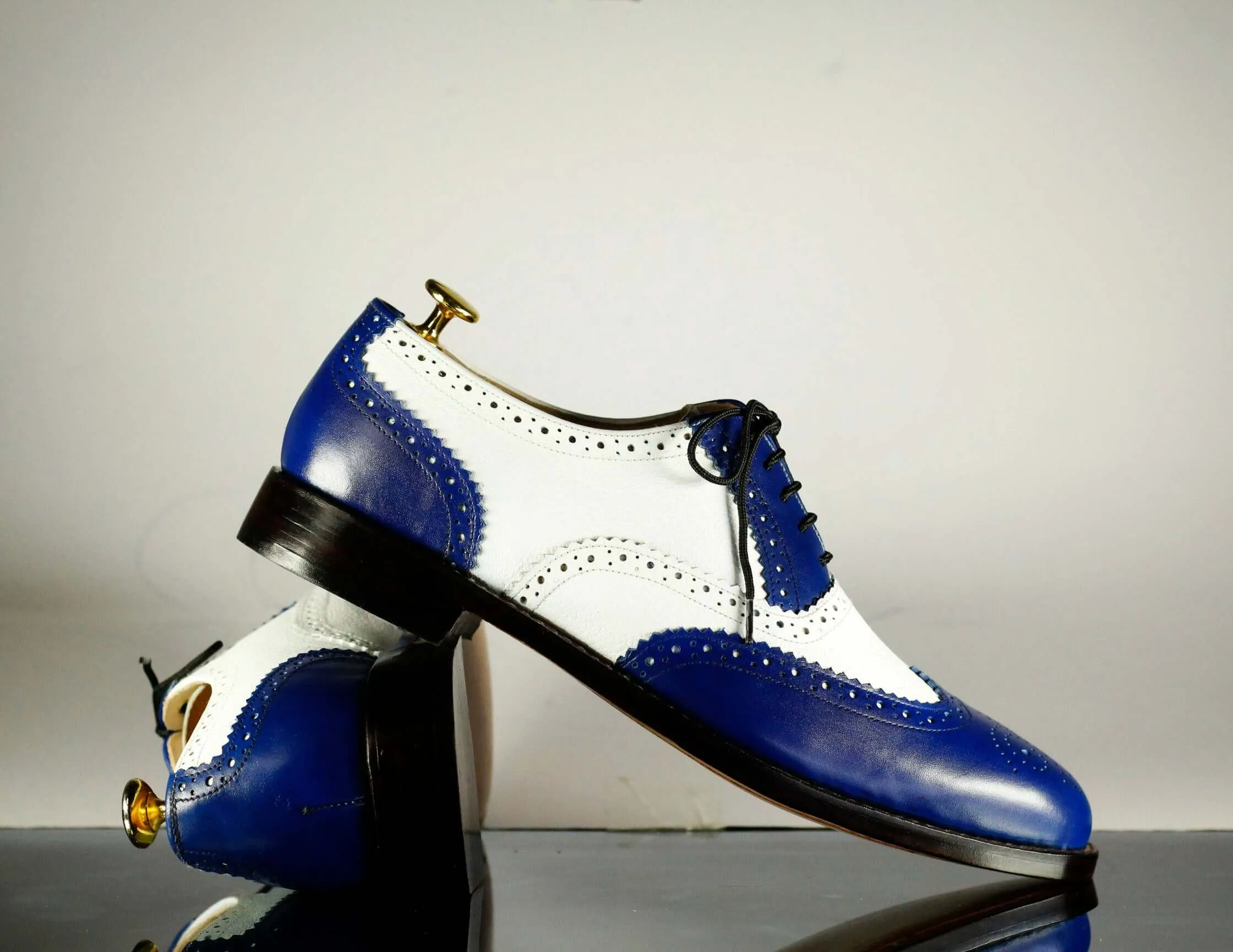 Handmade Men's White Blue Wing Tip Brogue Leather Lace Up Shoes, Men Designer Dress Formal Luxury Shoes