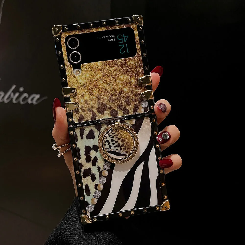 Leopard Pearl Shiny Ring Phone Case for Samsung Galaxy Z Flip 3/4/5/6