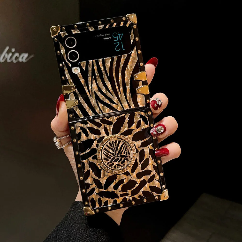 Leopard Pearl Shiny Ring Phone Case for Samsung Galaxy Z Flip 3/4/5/6