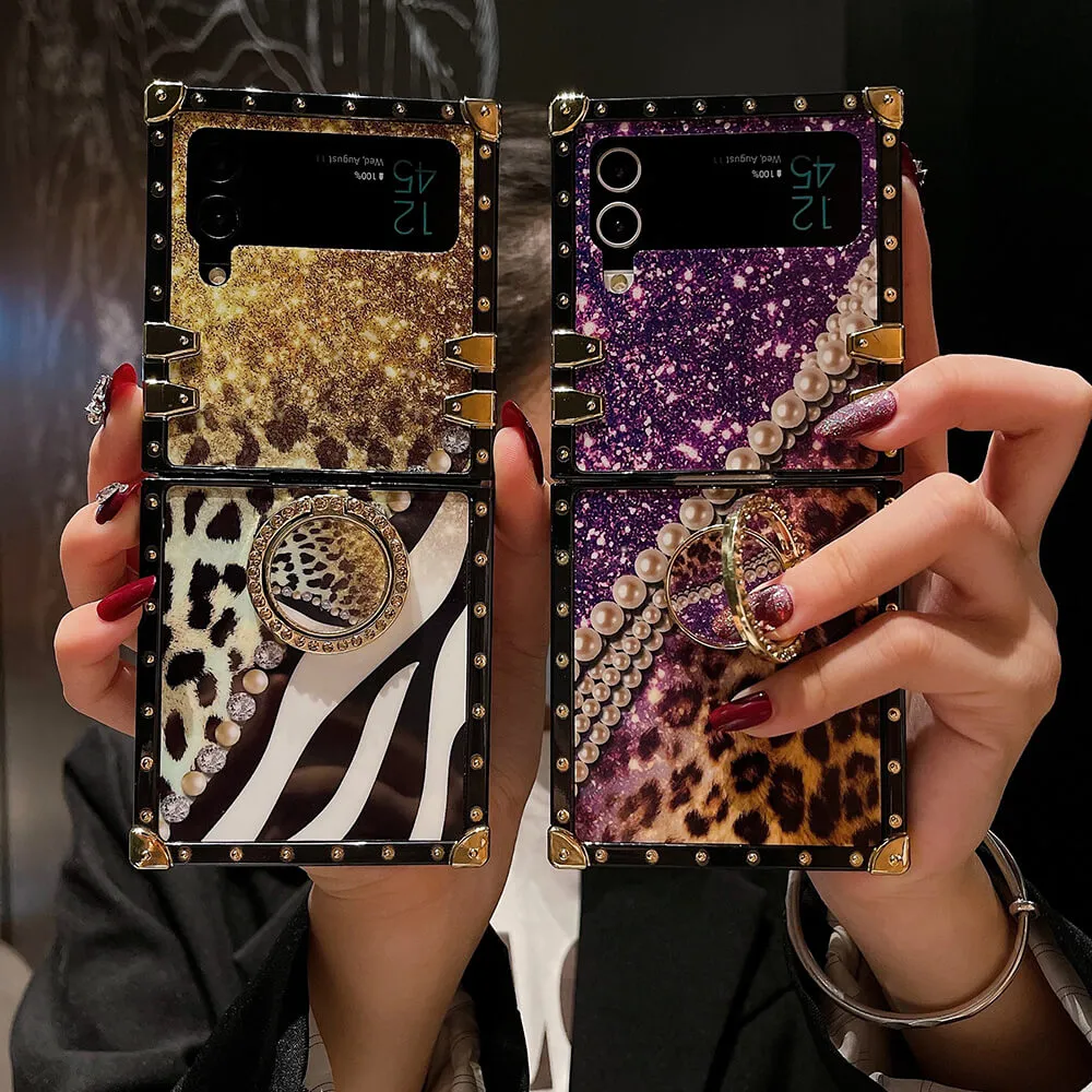 Leopard Pearl Shiny Ring Phone Case for Samsung Galaxy Z Flip 3/4/5/6