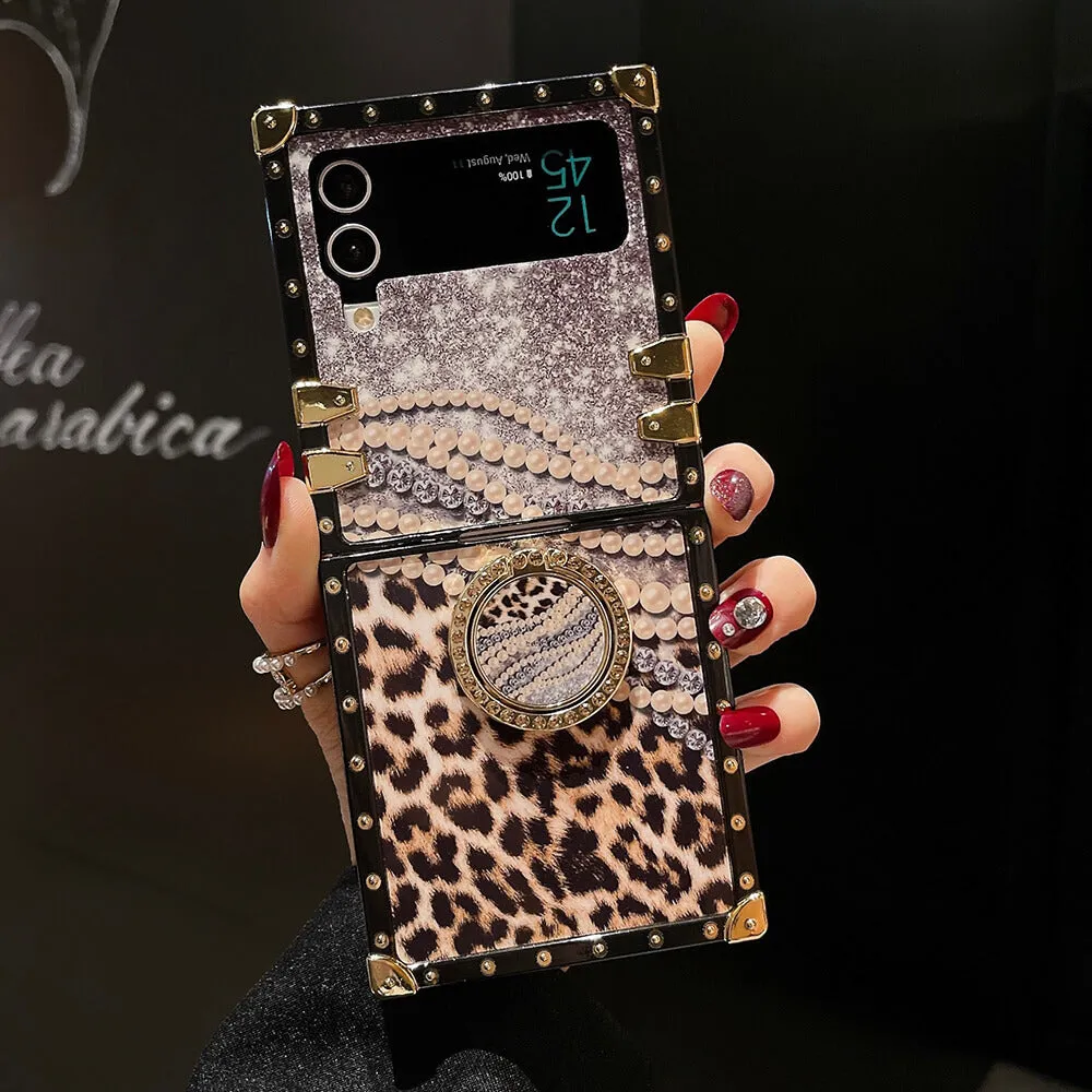 Leopard Pearl Shiny Ring Phone Case for Samsung Galaxy Z Flip 3/4/5/6