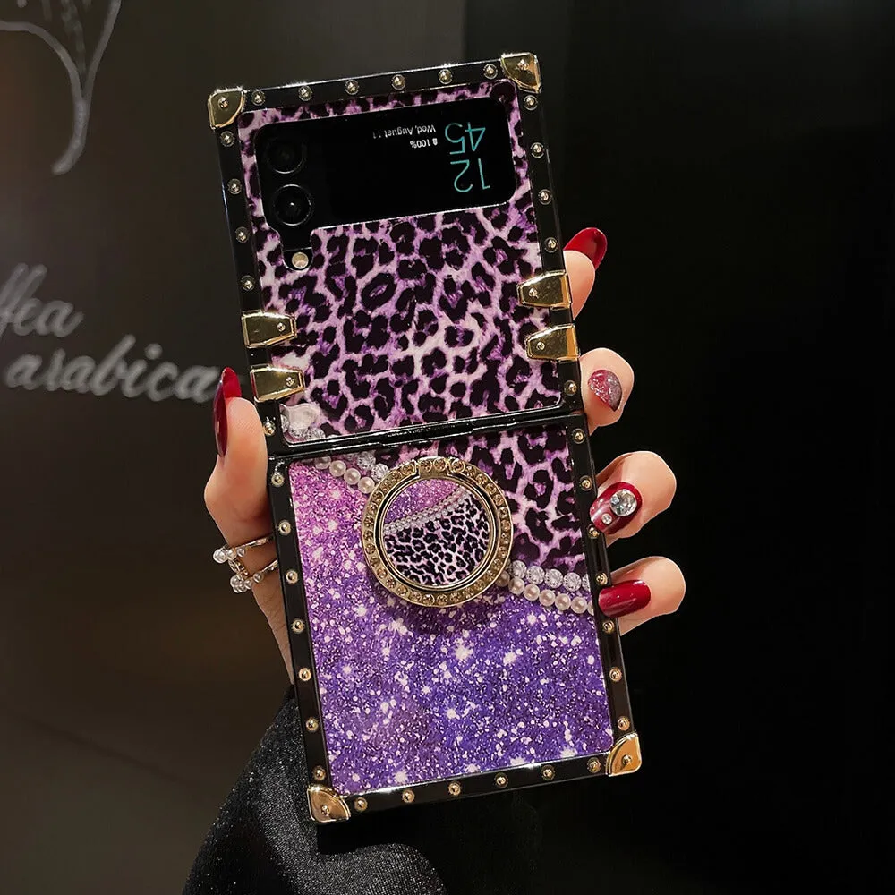 Leopard Pearl Shiny Ring Phone Case for Samsung Galaxy Z Flip 3/4/5/6