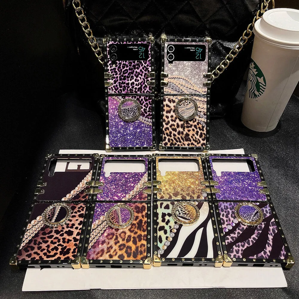 Leopard Pearl Shiny Ring Phone Case for Samsung Galaxy Z Flip 3/4/5/6