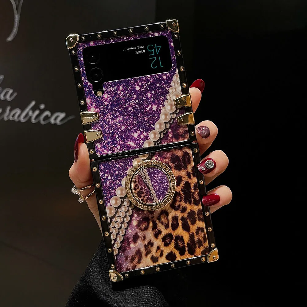 Leopard Pearl Shiny Ring Phone Case for Samsung Galaxy Z Flip 3/4/5/6