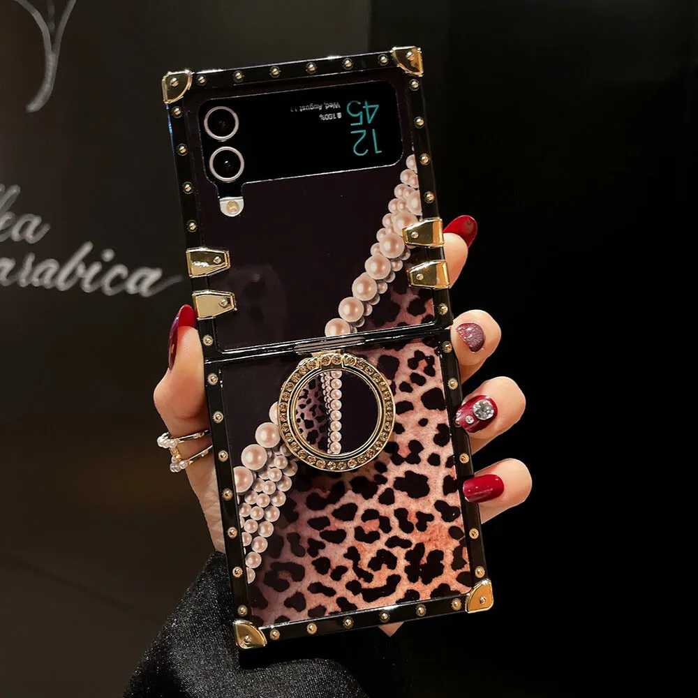 Leopard Pearl Shiny Ring Phone Case for Samsung Galaxy Z Flip 3/4/5/6