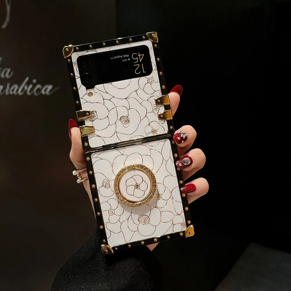 Luxury Brand Camellia Gold Plating Square Case For Samsung Galaxy Z Flip 3/4/5/6