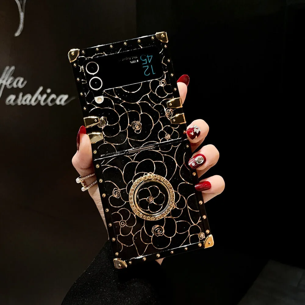 Luxury Brand Camellia Gold Plating Square Case For Samsung Galaxy Z Flip 3/4/5/6