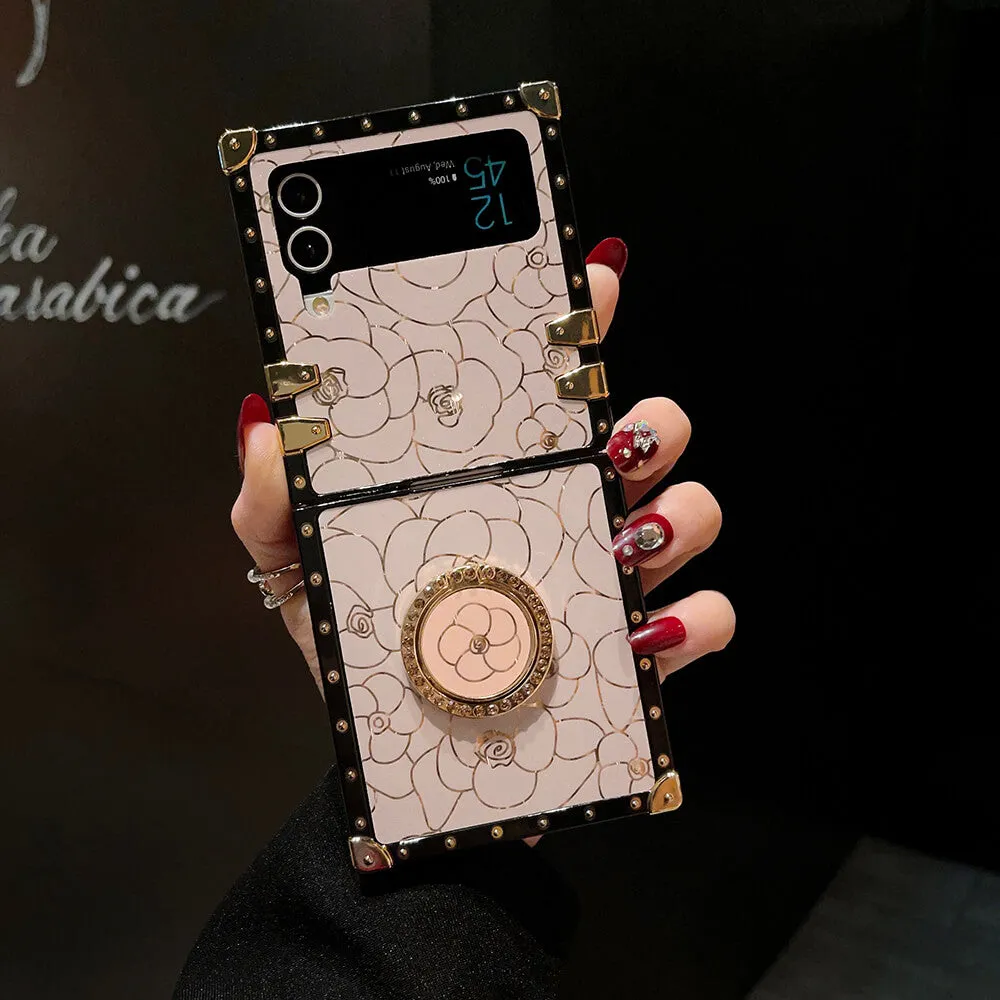 Luxury Brand Camellia Gold Plating Square Case For Samsung Galaxy Z Flip 3/4/5/6