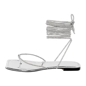 Onlymaker Flats Silver Flip-Flops Lace-up Sandals