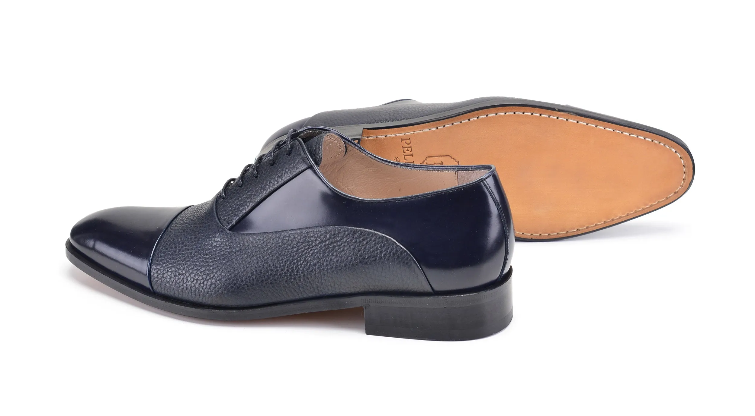 Pelle Deerskin & Polished Calfskin Lace-Up Oxford Navy