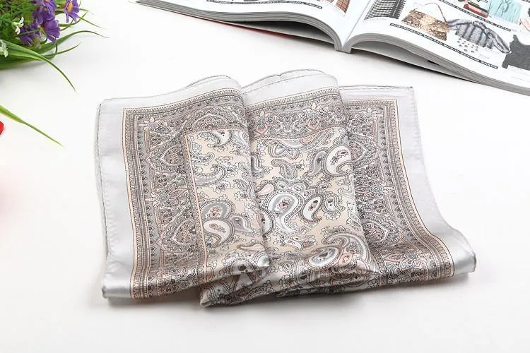 Small Square Silk Satin Scarf Silver Theme Paisley Pattern XFJ202