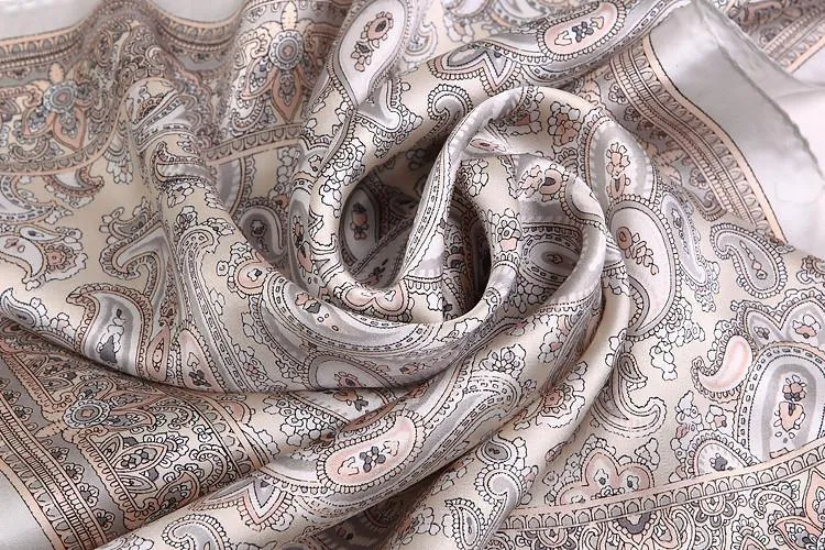 Small Square Silk Satin Scarf Silver Theme Paisley Pattern XFJ202