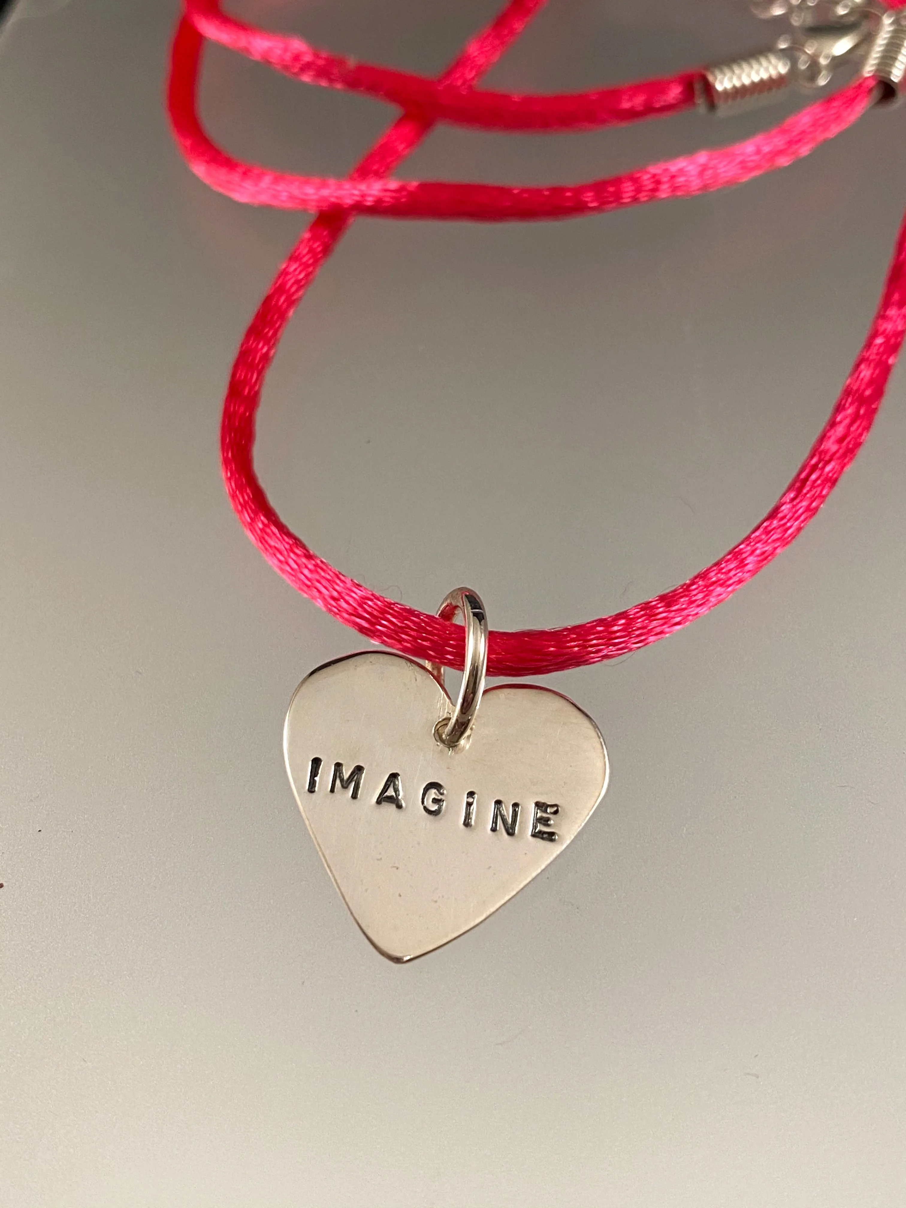 Sterling 'Imagine' Heart on Pink Satin Cord