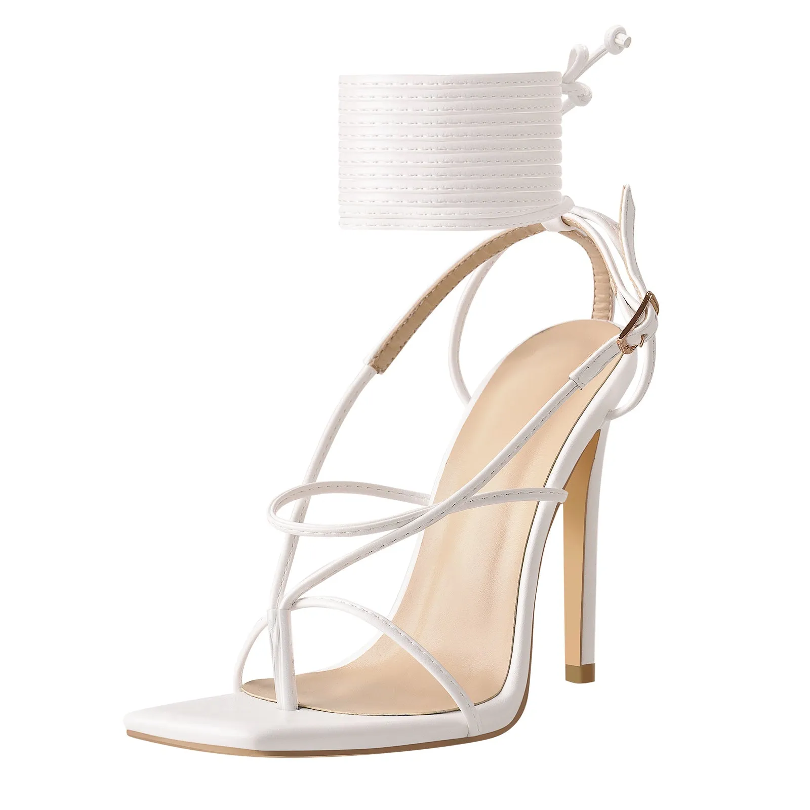 White Square Toe Ankle Strap Stiletto High Heel Sandals