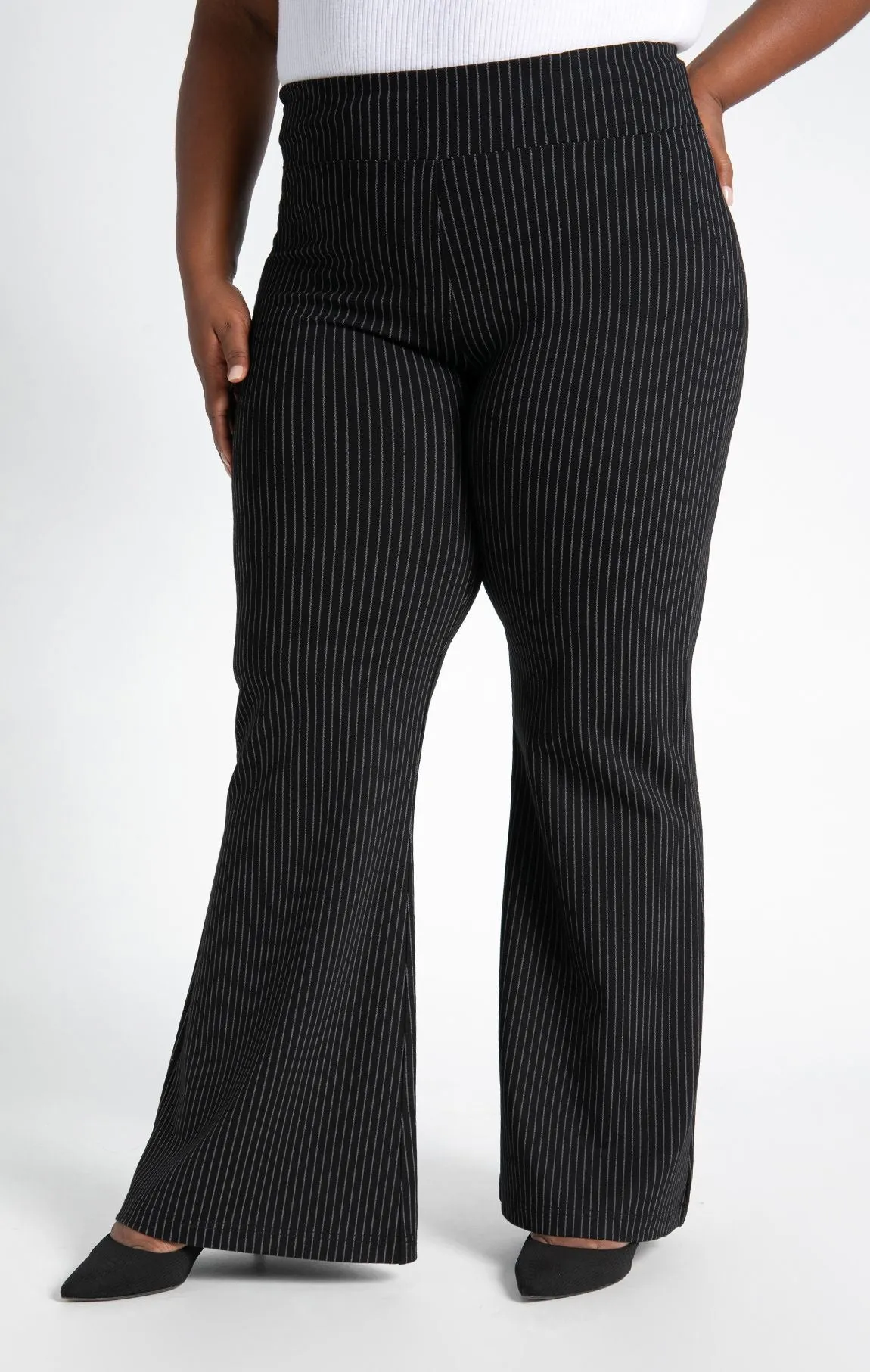 Wide-Leg Two-Pocket Dress Pant Yoga Pants (Black Pinstripe)