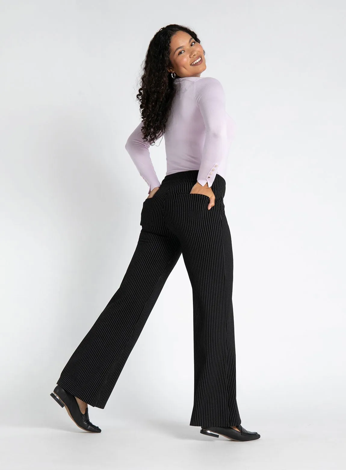 Wide-Leg Two-Pocket Dress Pant Yoga Pants (Black Pinstripe)