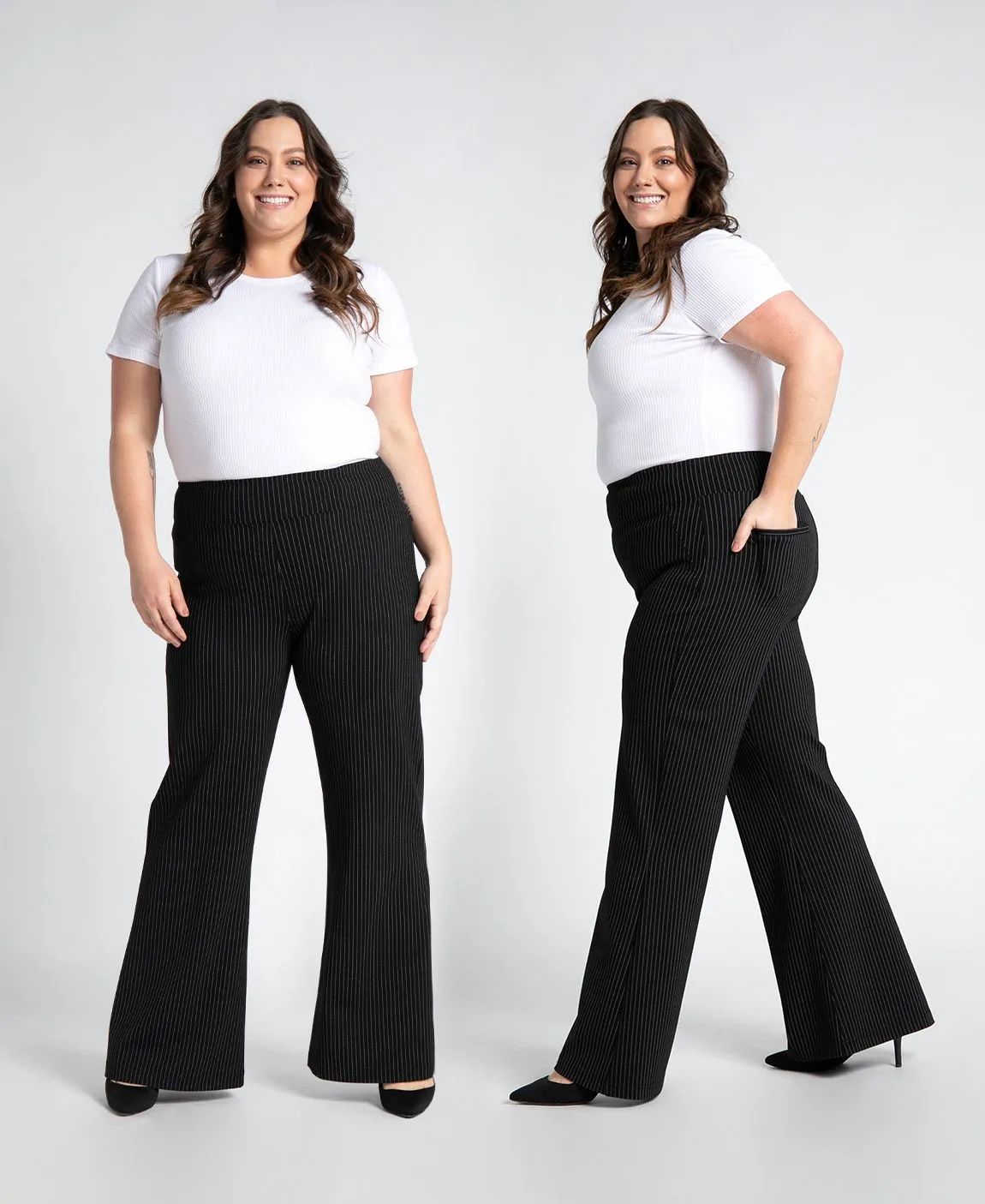 Wide-Leg Two-Pocket Dress Pant Yoga Pants (Black Pinstripe)