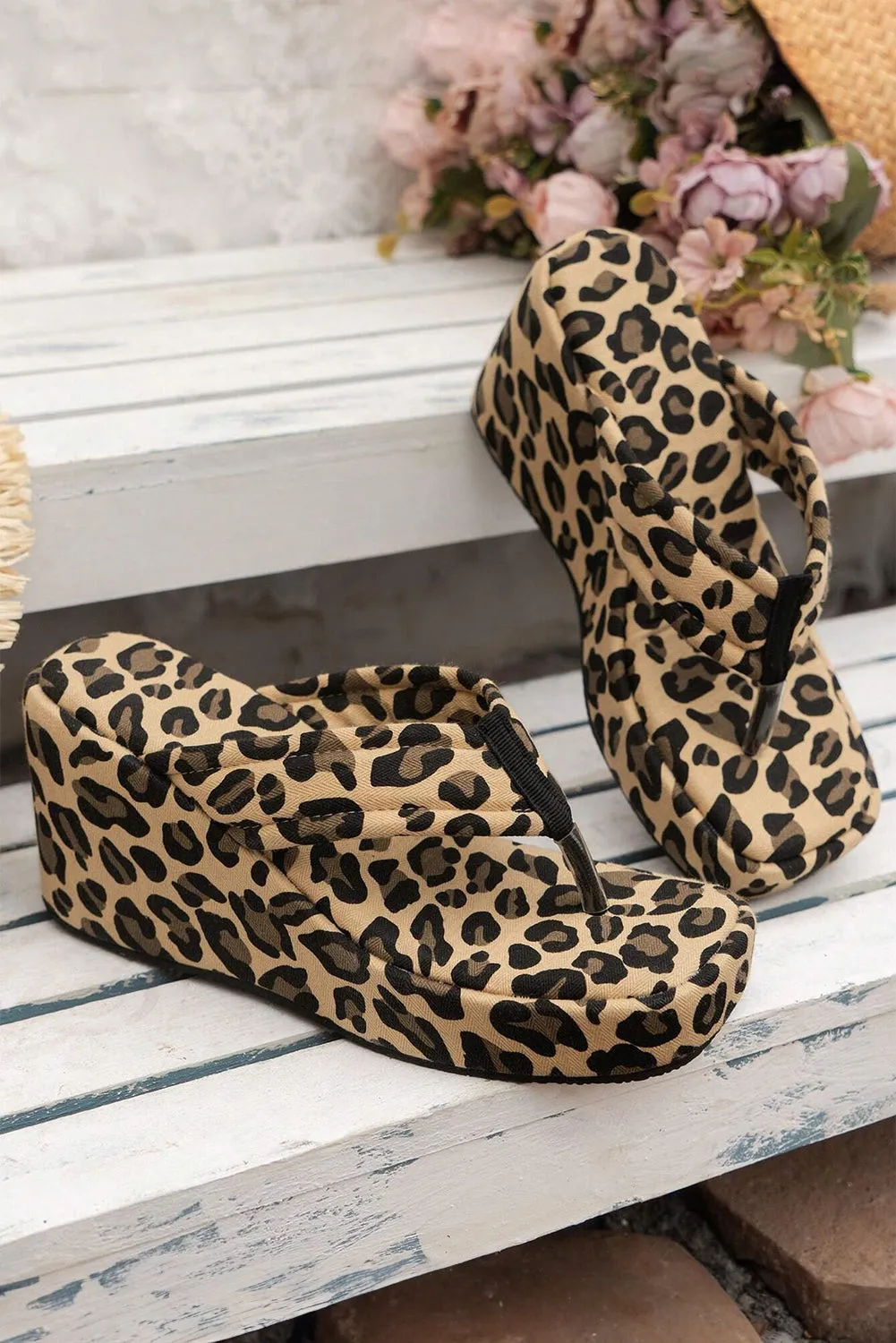 Women Shoes Leopard Platform Wedge Flip Flops