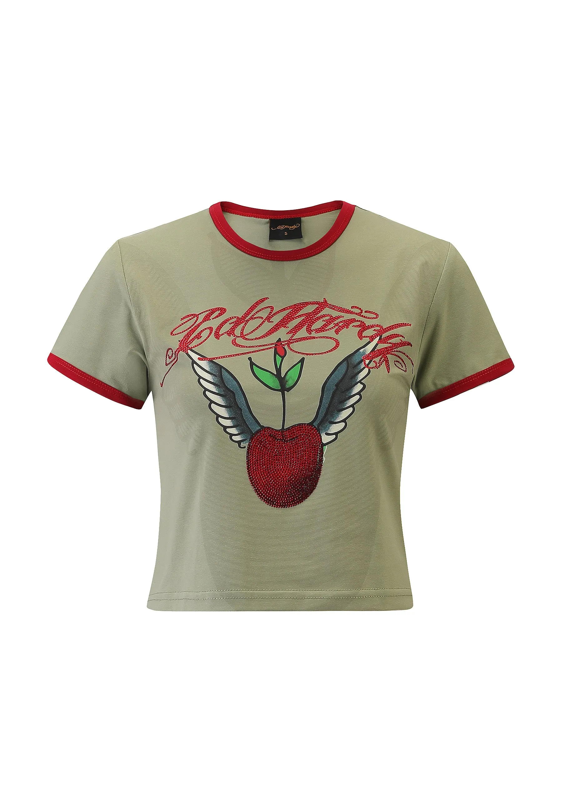 Womens Cherry Love Bomb Diamante Baby Tshirt Top - Green